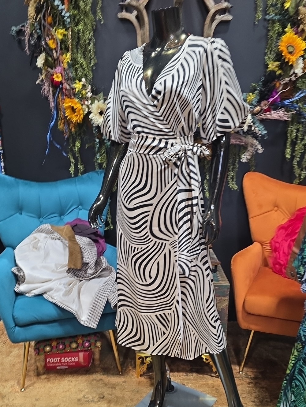 Bohme Black & White Abstract Wrap Midi Dress